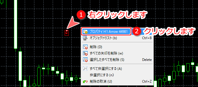 MetaTrader5 Arrowプロパティ表示画面