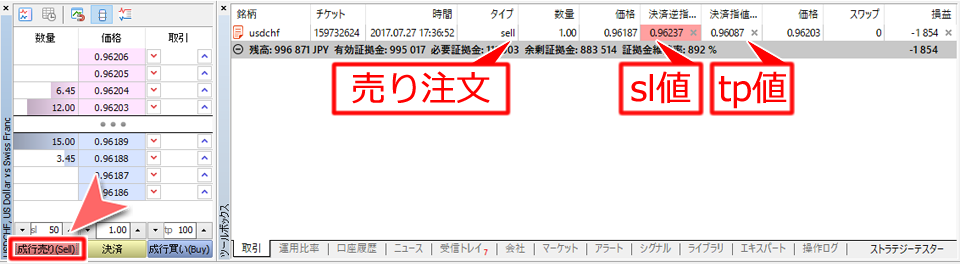 MetaTrader5 「板注文画面」からの売り注文画面