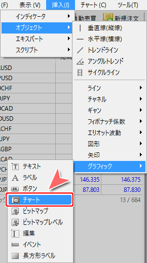 メニューバーからの「チャート」コマンド選択方法