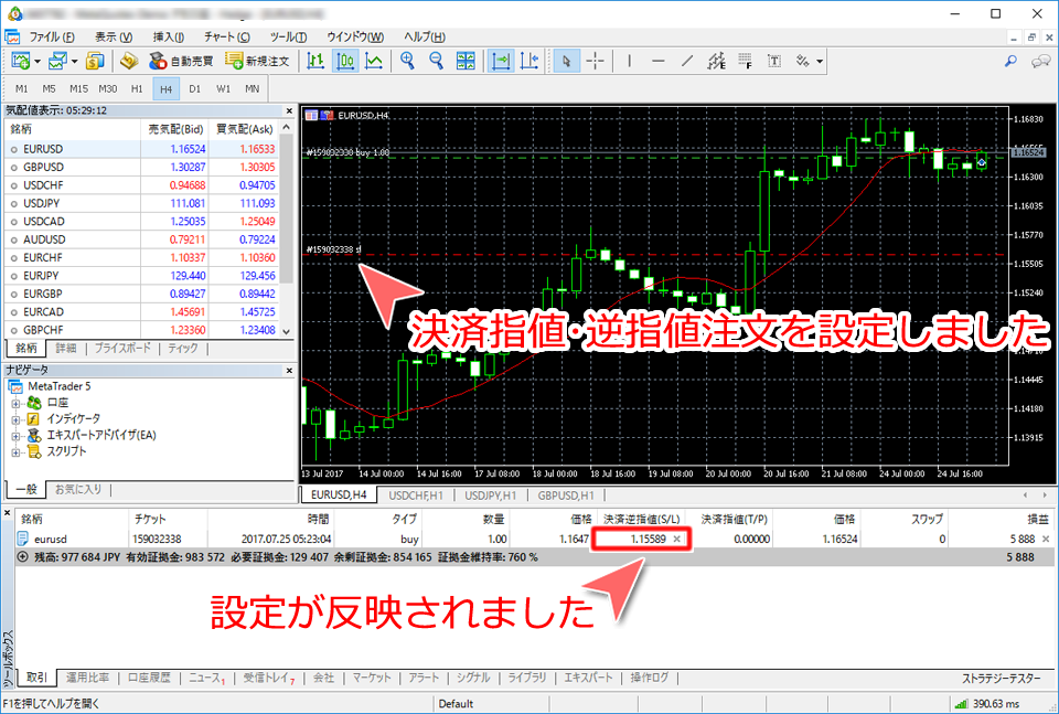 MetaTrader5 チャートウインドウからの決済指値・決済逆指値注文確定画面