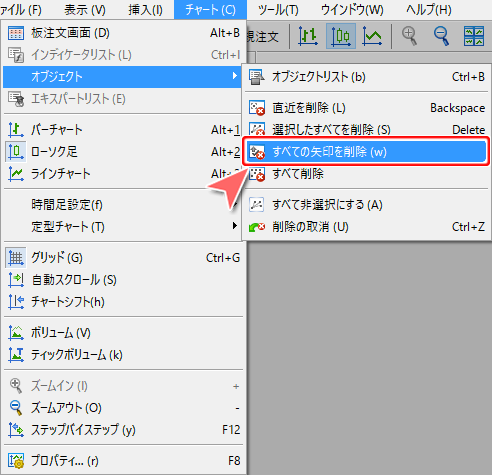 MetaTrader5 メニューバーからの「すべての矢印を削除」方法
