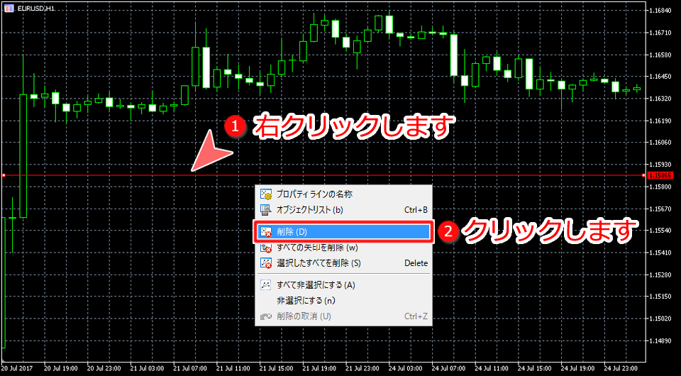 MetaTrader5 選択したオブジェクトをチャート内から削除する方法