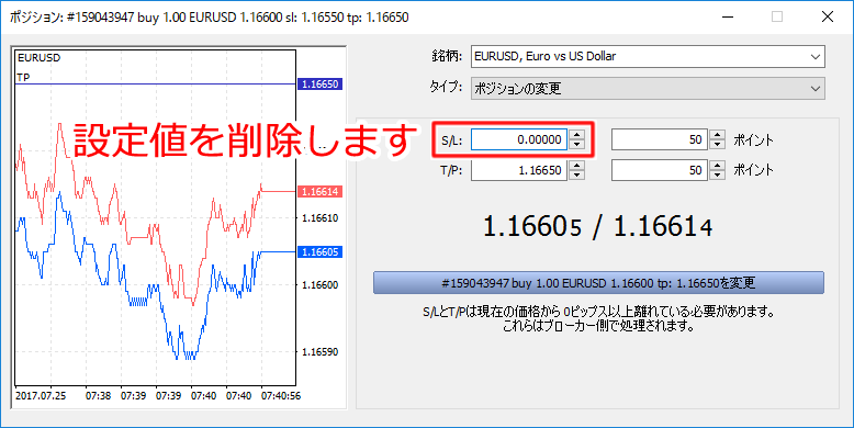 MetaTrader5 「ポジション」決済指値・決済逆指値取消画面2