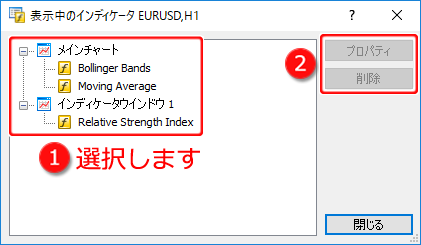 「表示中のインディケータ」ウインドウ 設定画面1