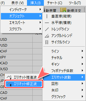 メニューバーからの「エリオット修正波」コマンド選択方法