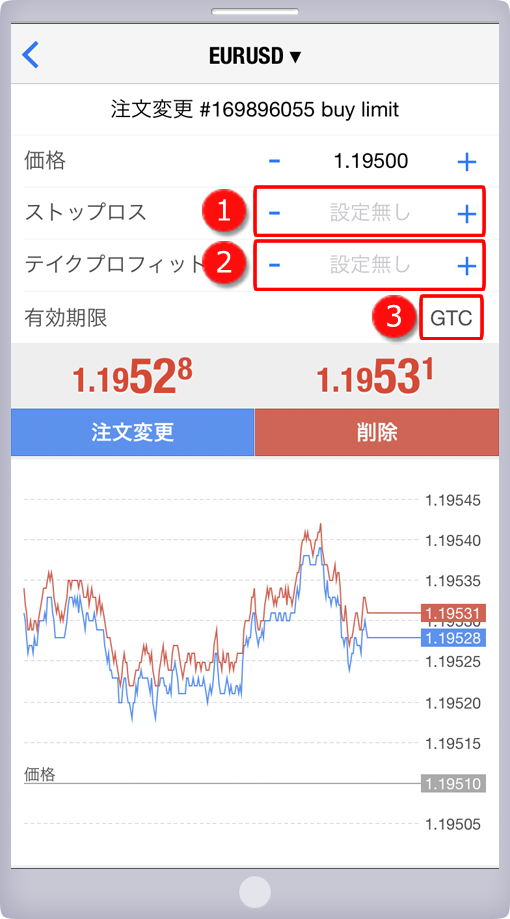 「オーダーの発注」パネル 価格・期限指定画面