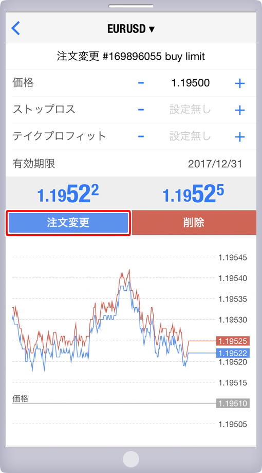 「オーダーの発注」パネル 注文変更画面