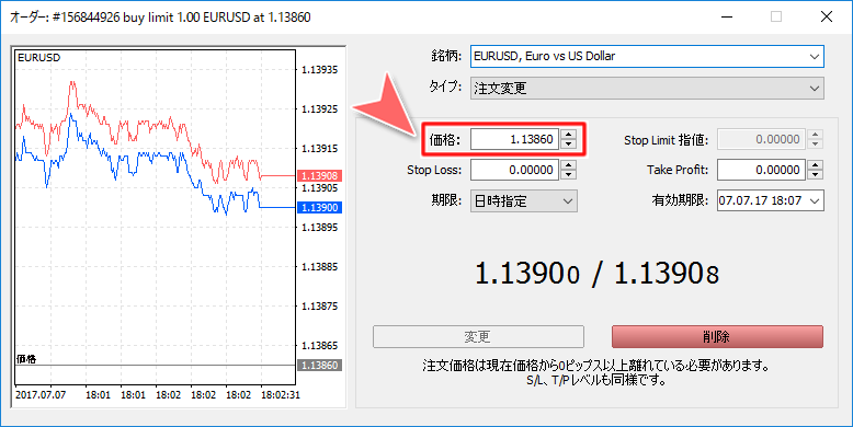 「オーダー」価格変更画面