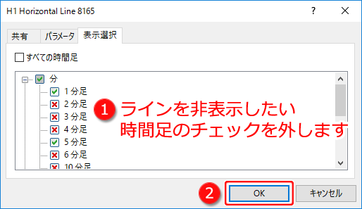 MetaTrader⑤ ラインのプロパティ「表示選択」タブ設定画面3