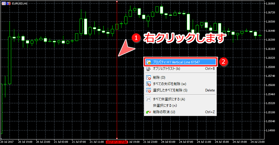 MetaTrader5 チャート内からのプロパティ選択画面