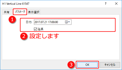 MetaTrader5 ラインのプロパティ「パラメータ」タブ設定画面