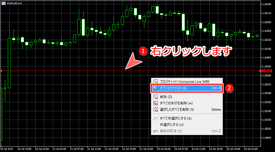 MetaTrader5 チャート内からのオブジェクトリスト選択画面