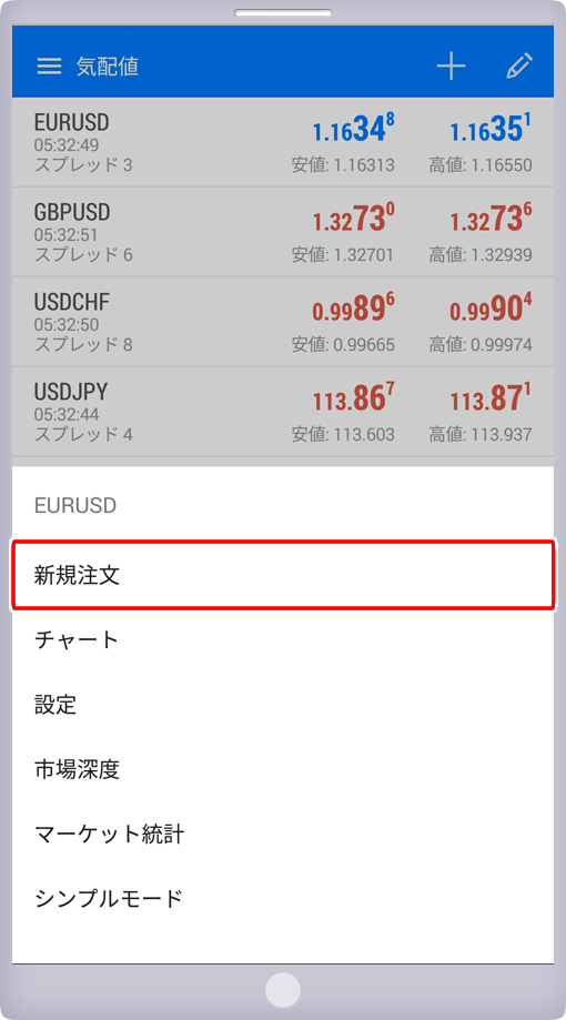 気配値画面からの新規注文