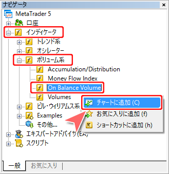 ナビゲータ内 On Balance Volume選択画面