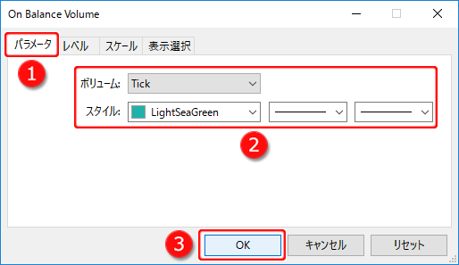 On Balance Volumeの設定ウインドウ