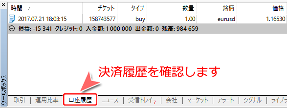 MetaTrader5 ツールボックス内「口座履歴」タブ
