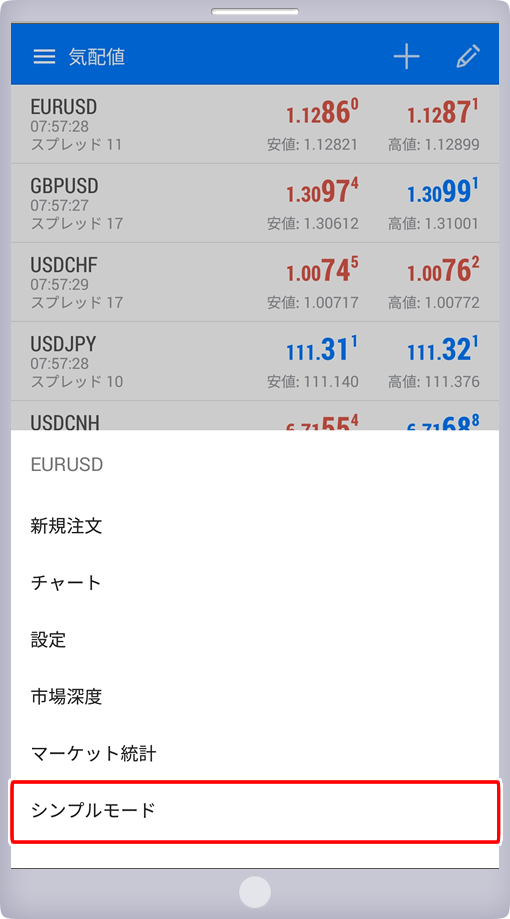気配値画面からシンプルモードへの切り替え