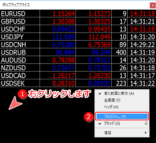 ポップアッププライス プロパティ表示画面