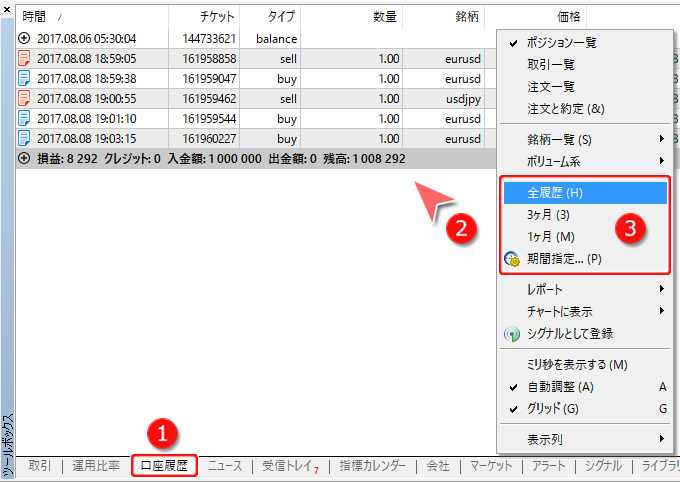ツールボックス内「口座履歴」タブ画面