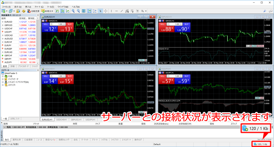 MetaTrader5 起動画面と接続状況ステイタス表示
