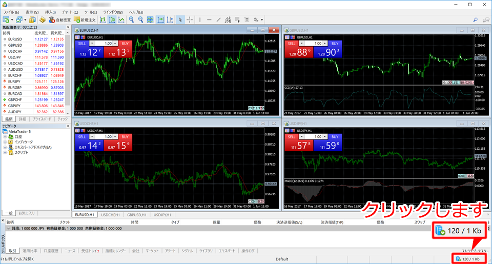 MetaTrader5 起動画面と接続状況ステイタス表示