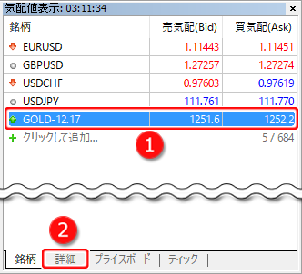 気配値表示 銘柄と詳細タブ選択画面