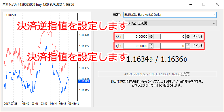 MetaTrader5 「ポジション」決済指値・決済逆指値注文画面1
