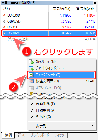 気配値表示「銘柄」>「ティックチャート」選択