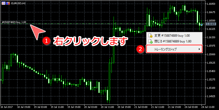 MetaTrader5 チャートウインドウからのトレーリングストップ設定方法