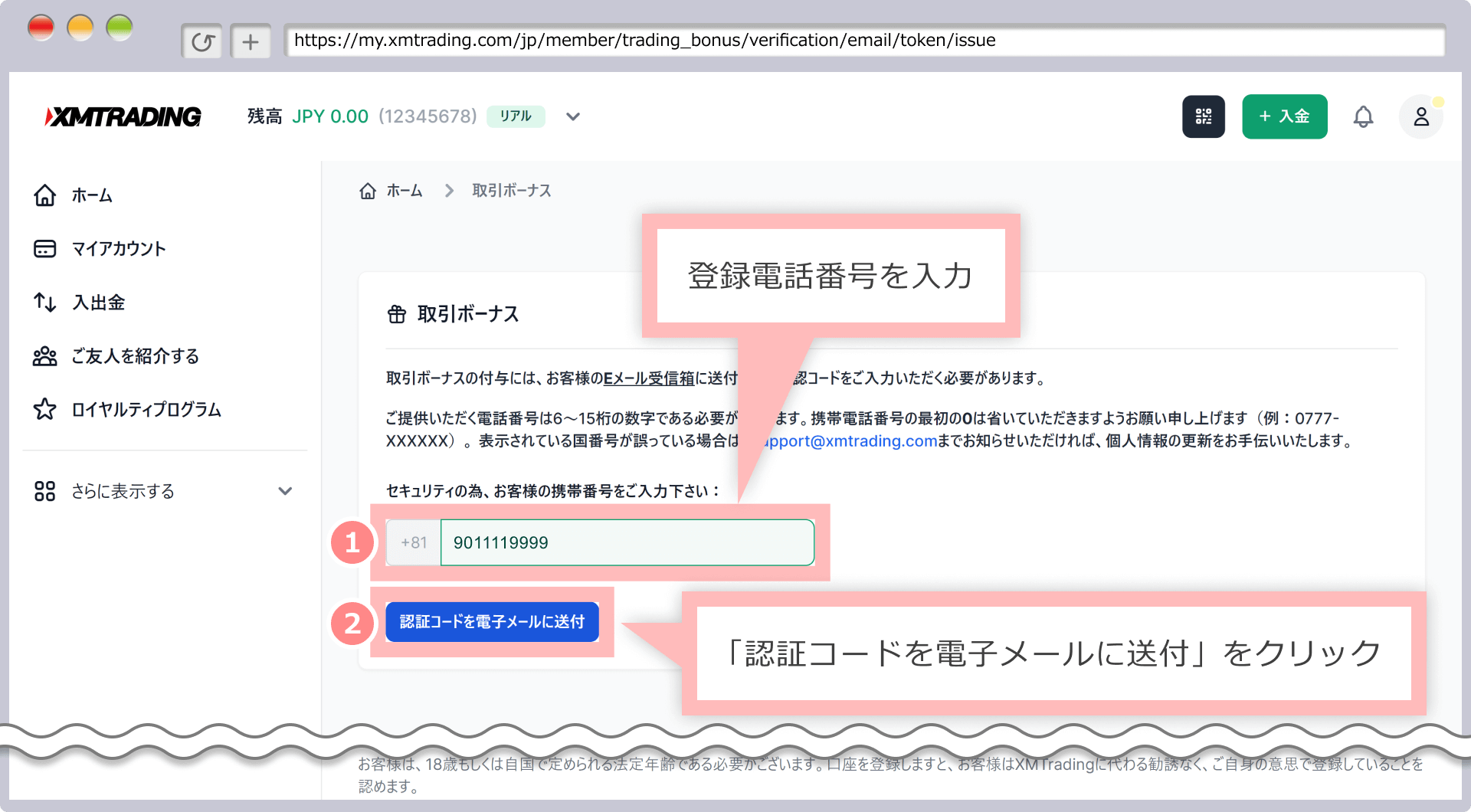 口座開設ボーナス請求画面