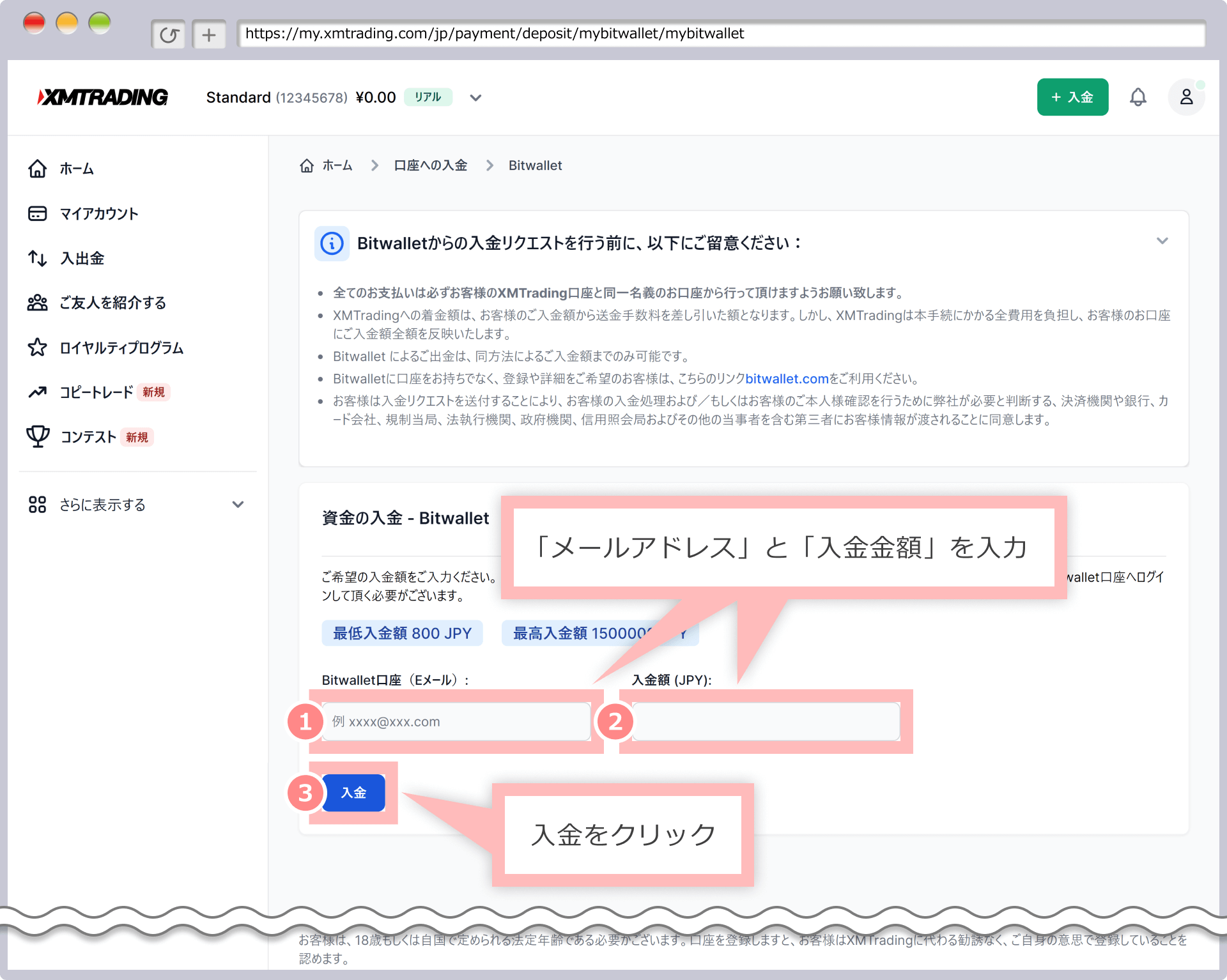 資金の入金画面(bitwallet)