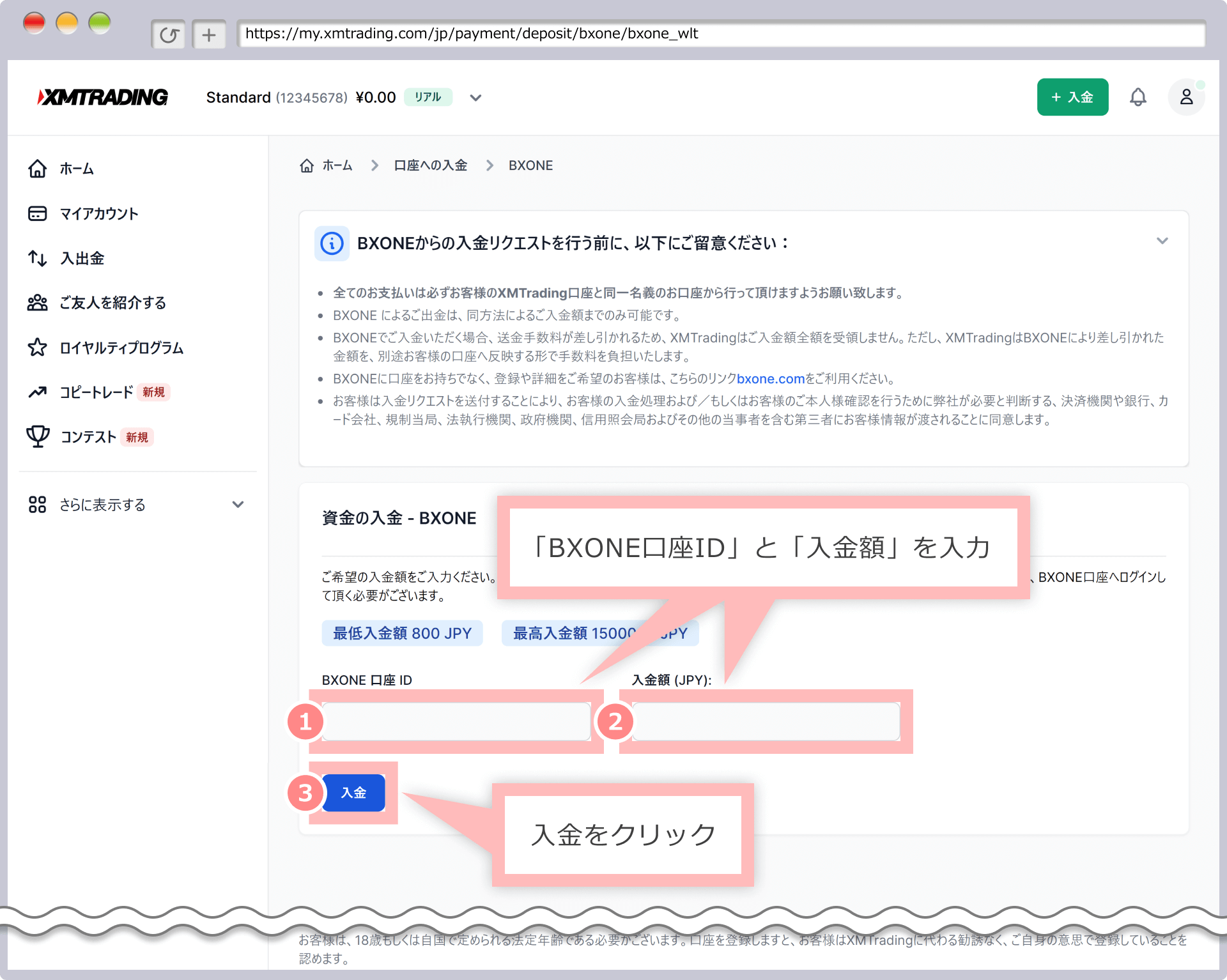 資金の入金画面（BXONE）