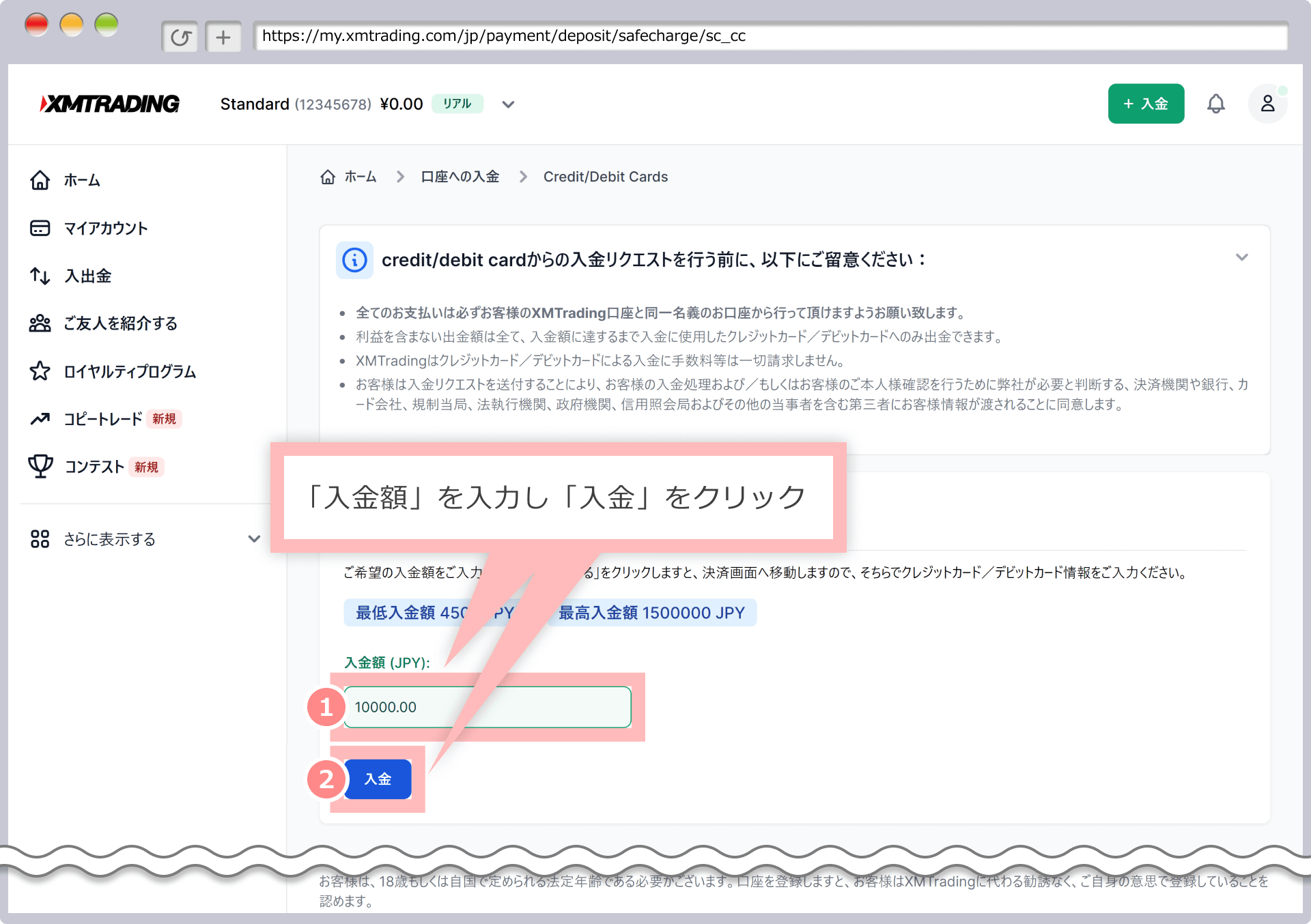 資金の入金画面(クレジットカード/デビットカード)