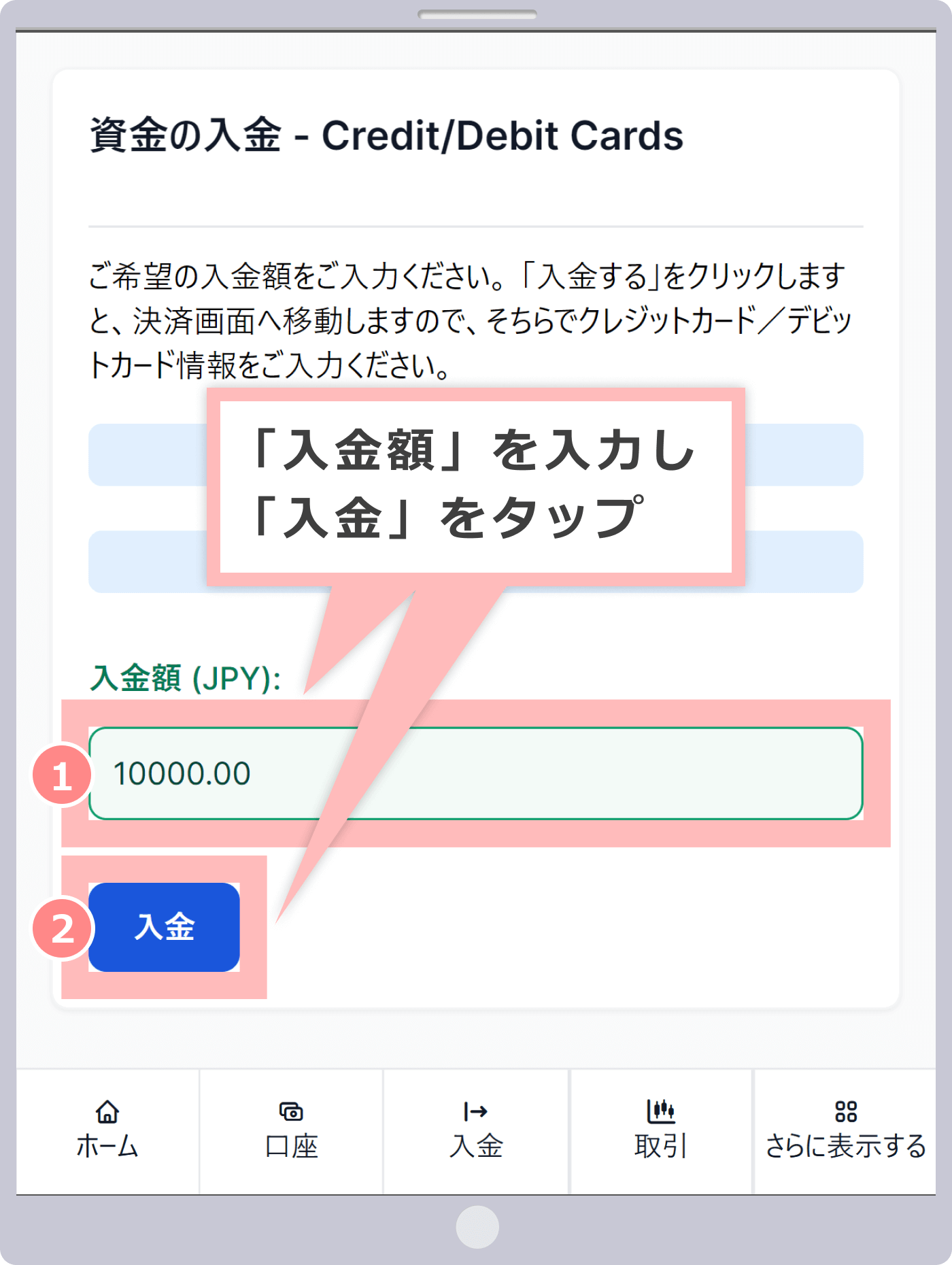 資金の入金画面(クレジットカード/デビットカード)