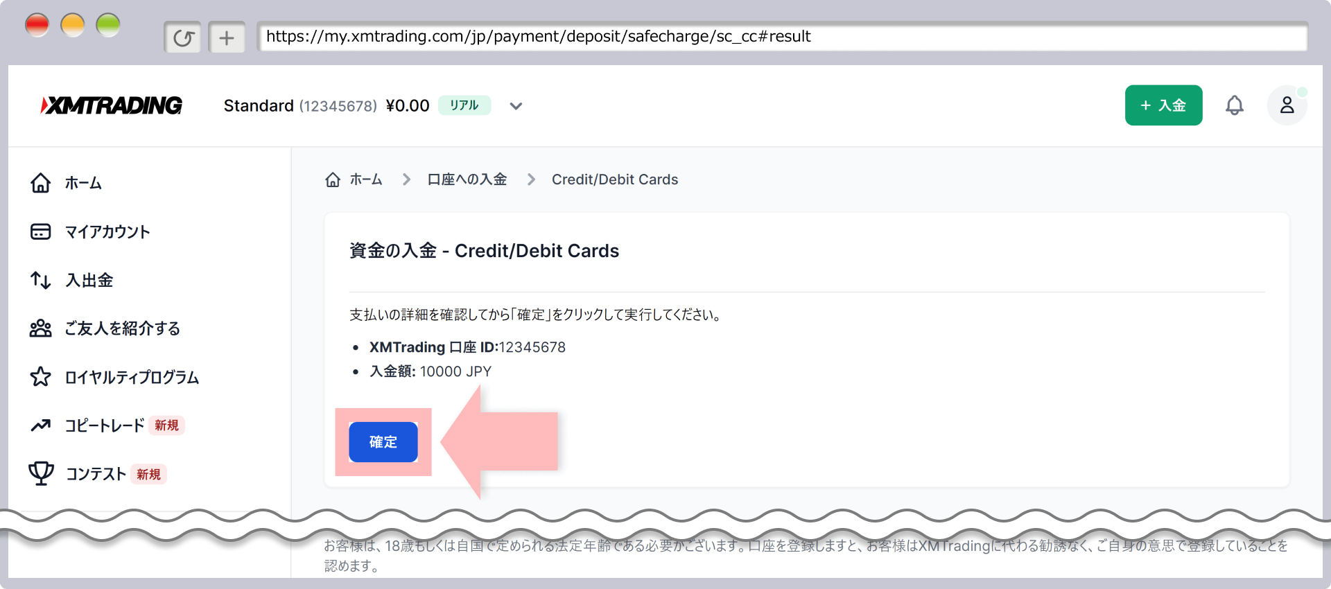 入金確認画面(クレジットカード/デビットカード)