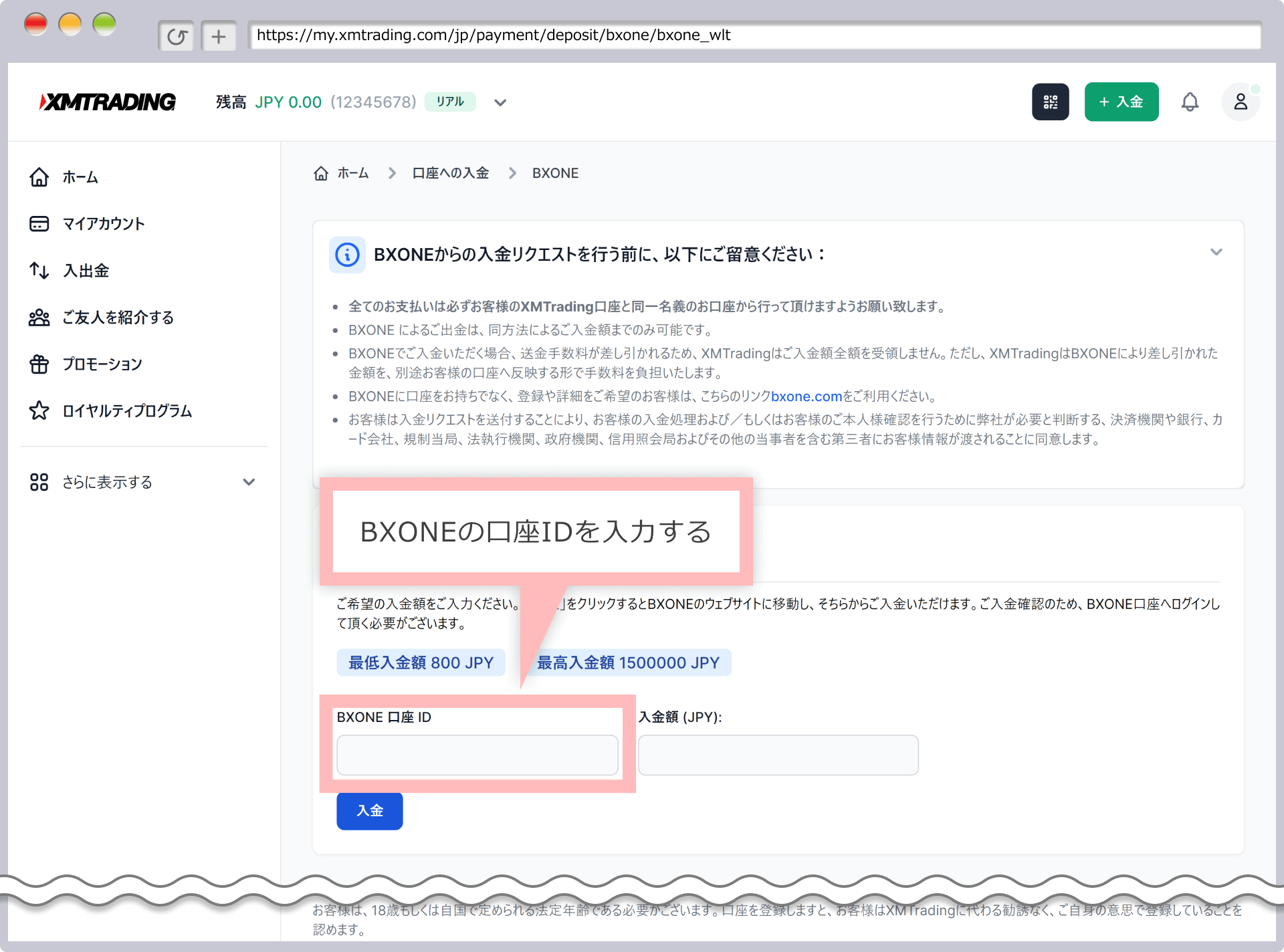 画像5/XM 資金の入金画面(BXONE)